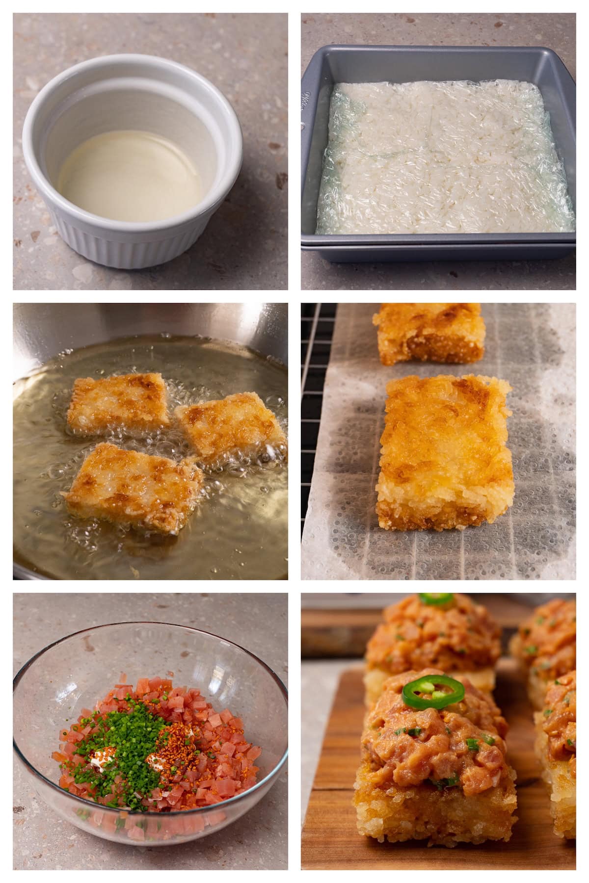 A collage image showing the four steps to make crispy rice with spicy tuna.