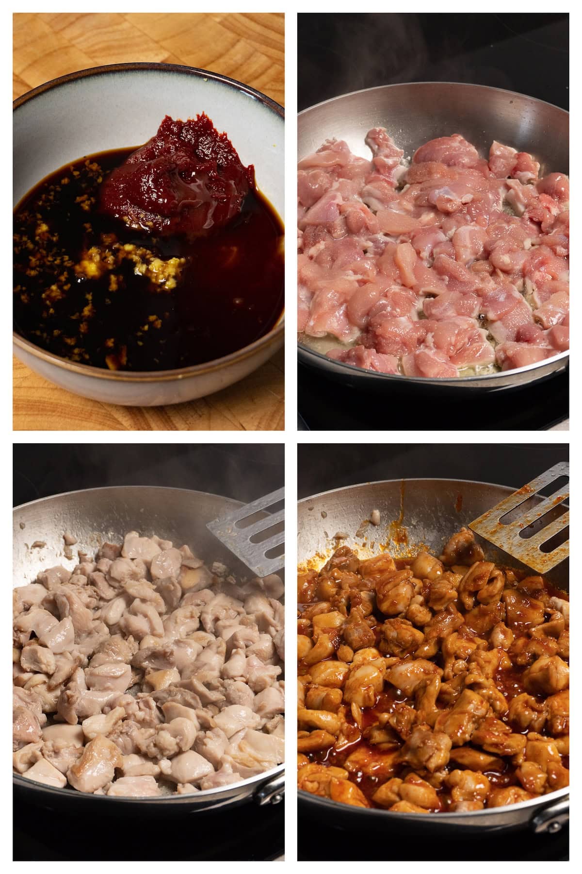 A collage image showing the four steps to cook chicken with red sauce.