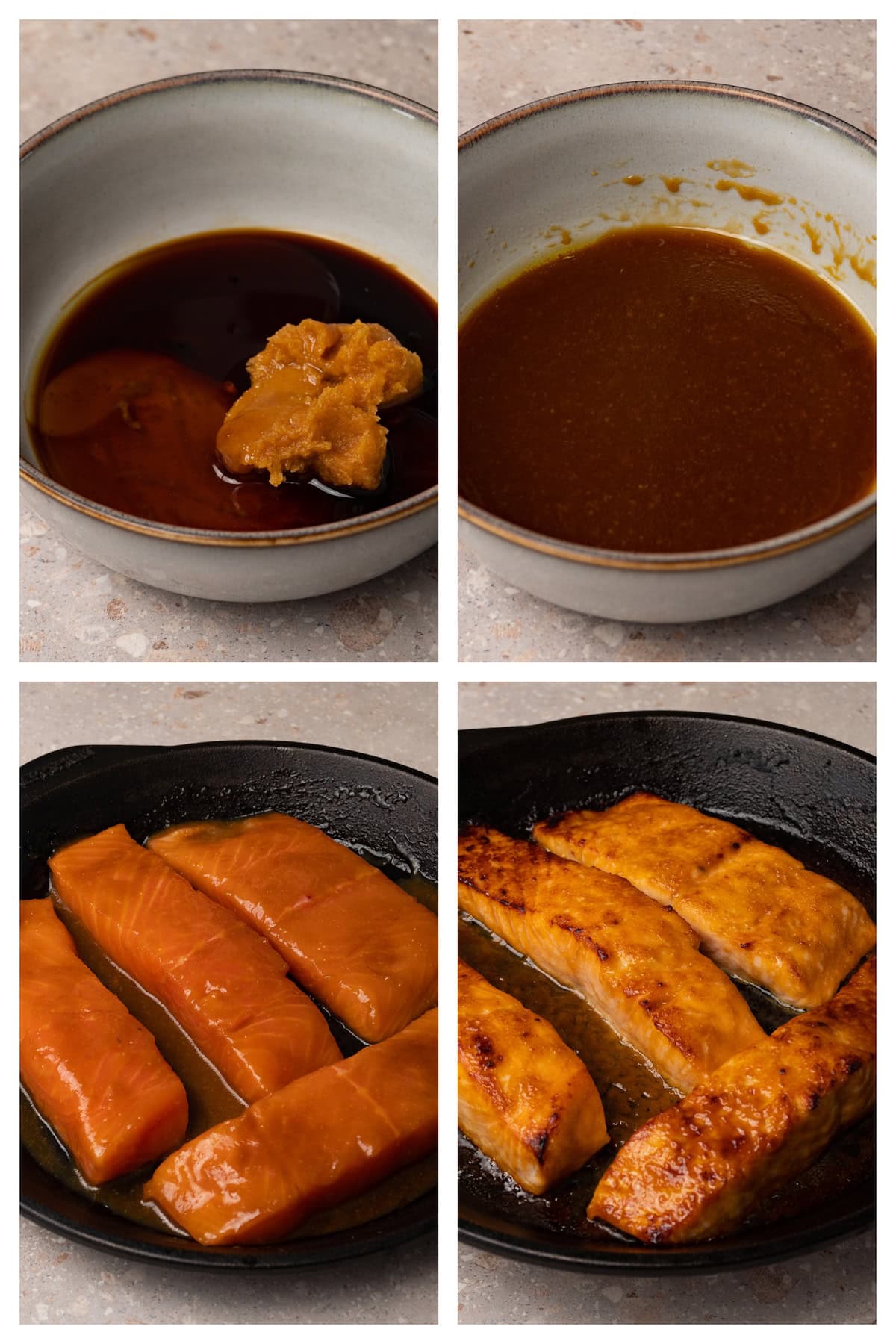 A collage image showing the four steps to make miso glazed salmon.