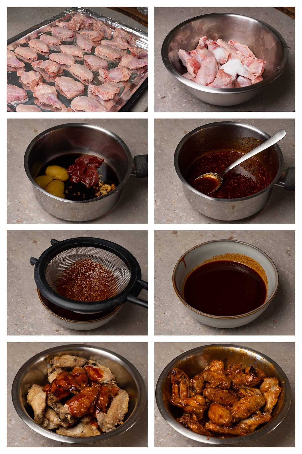 A collage image showing the eight steps to make Korean chicken wings.