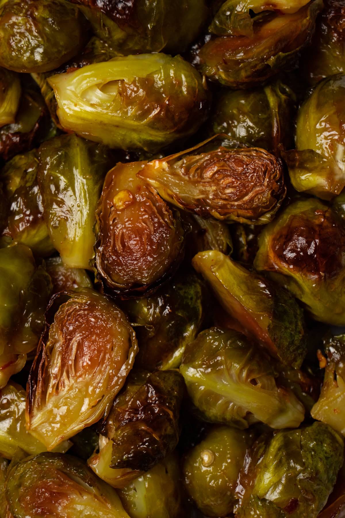 A close-up shot of baked Brussels sprouts.