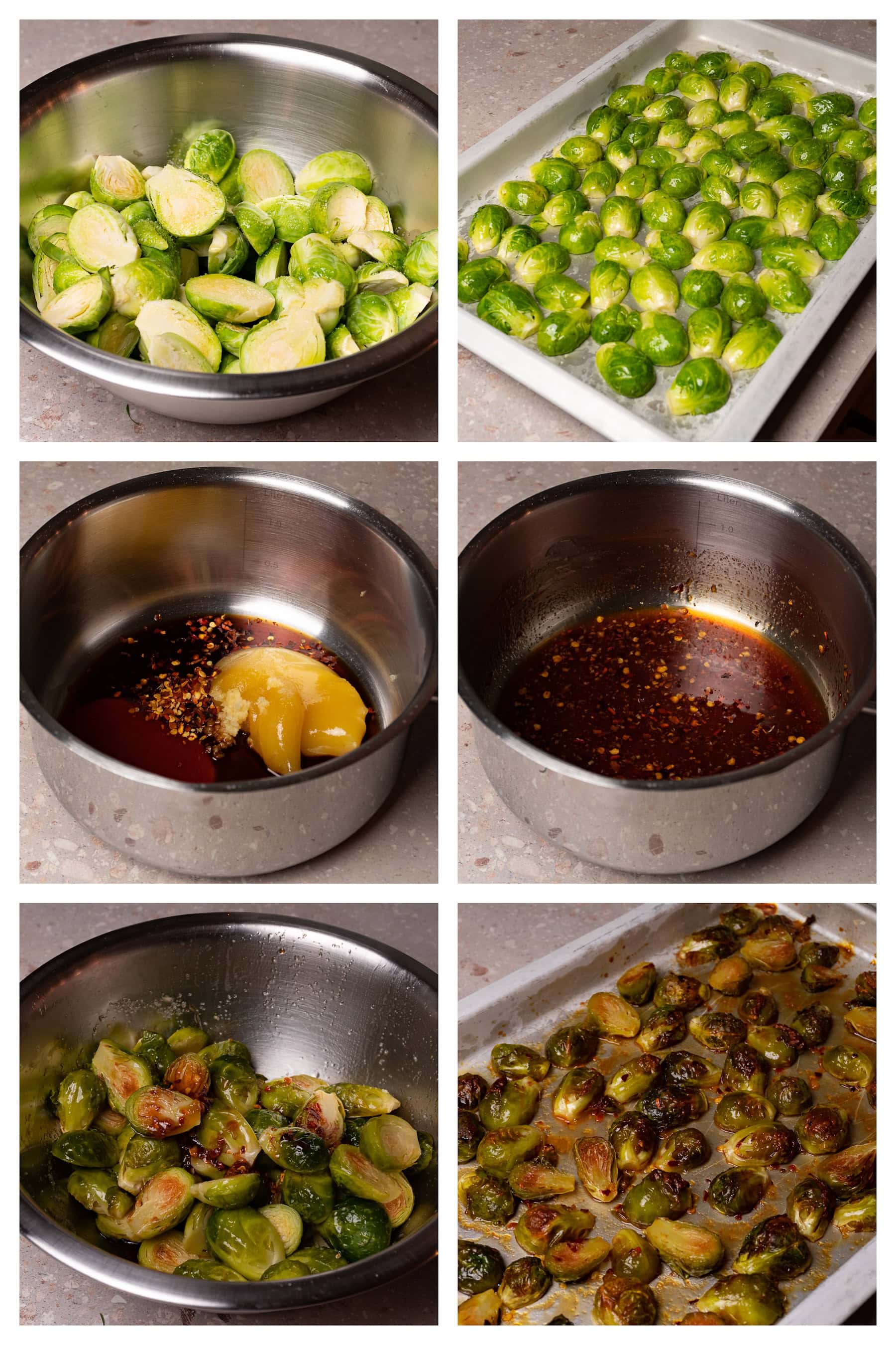 A collage image showing the six steps to make hot honey brussels sprouts.