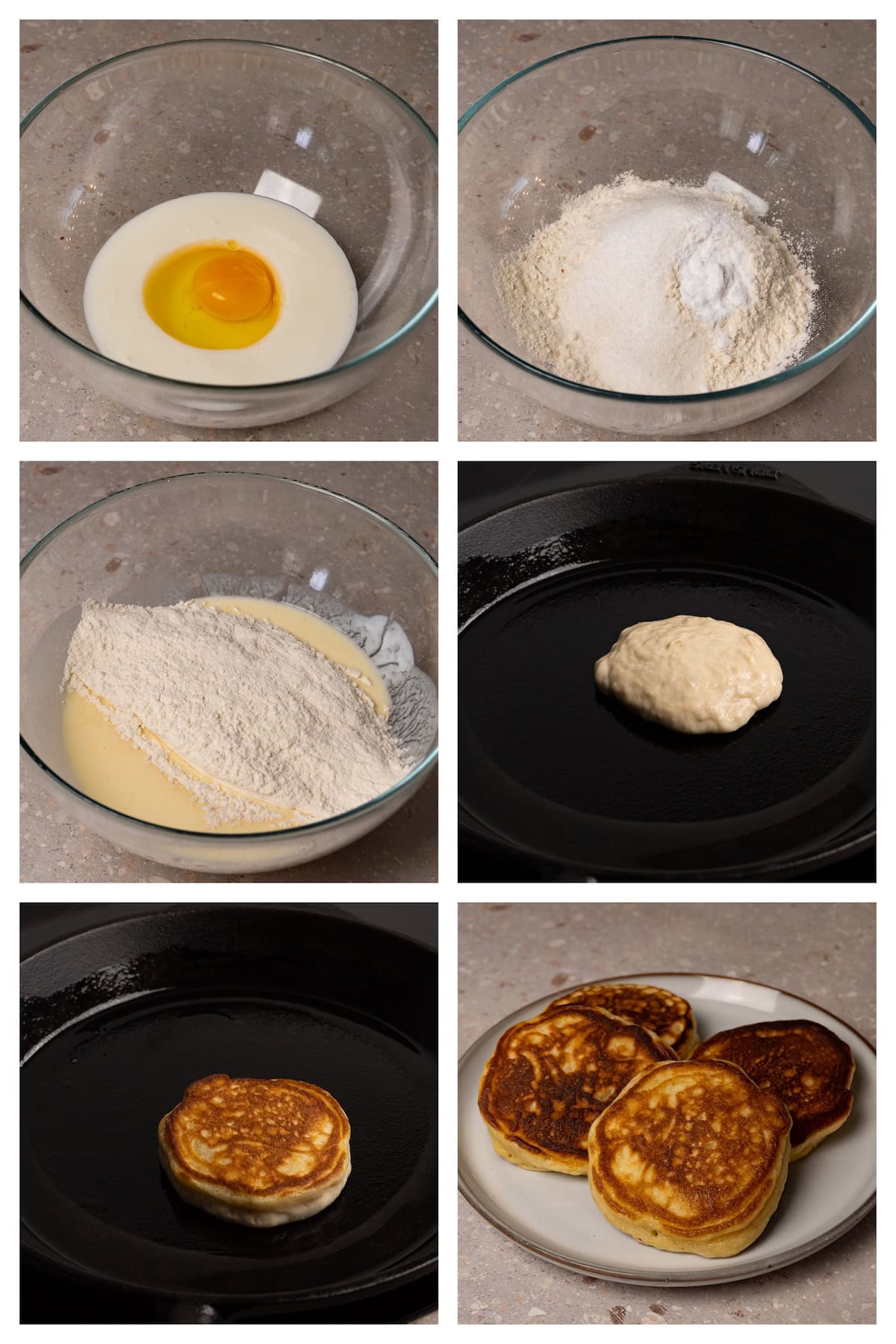 A collage image showing the six steps to make fluffy kefir pancakes.
