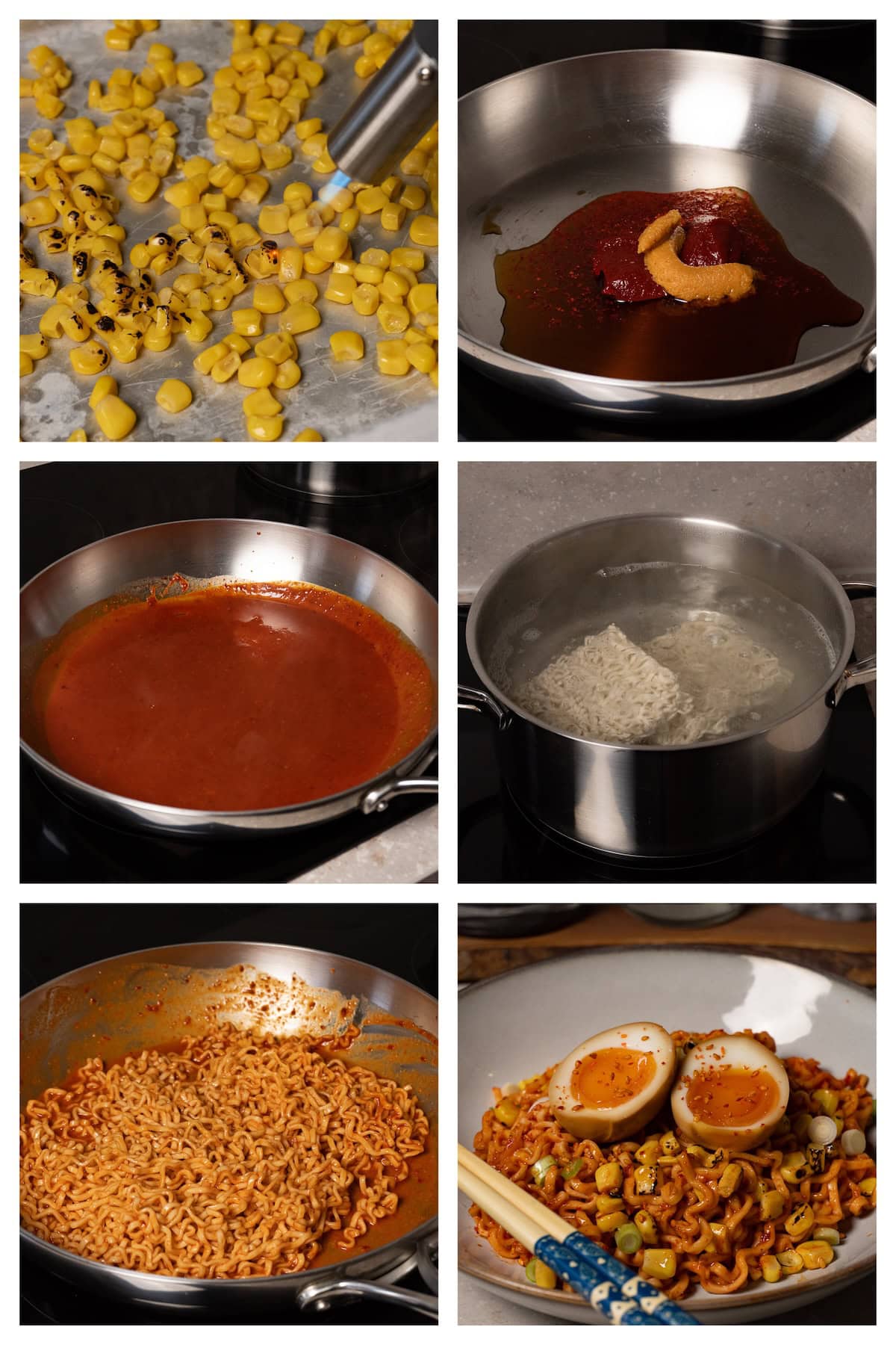 A collage image showing the six steps to make soy sauce marinated eggs.