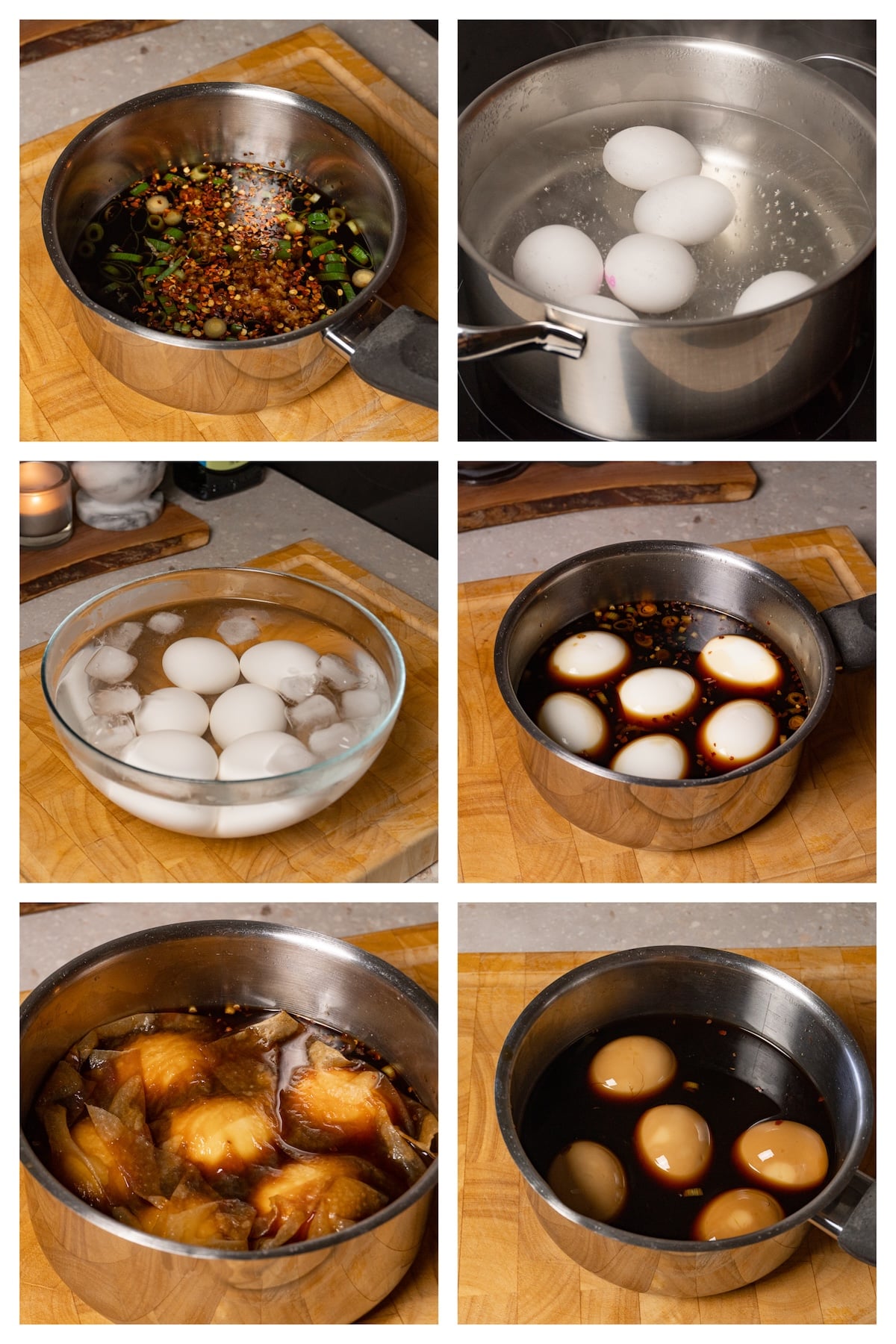 A collage image showing the six steps to make soy sauce marinated eggs.